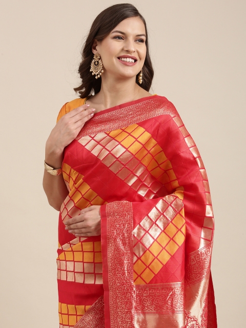 

DIVASTRI Red & Yellow Checked Art Silk Banarasi Saree