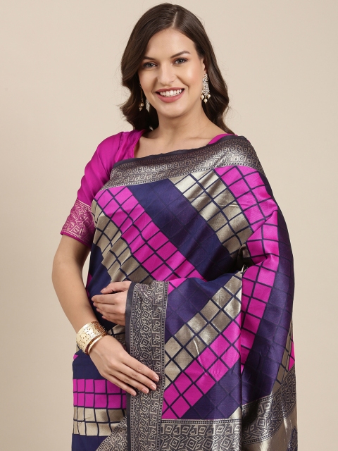 

DIVASTRI Navy Blue & Pink Checked Art Silk Half & Half Banarasi Saree