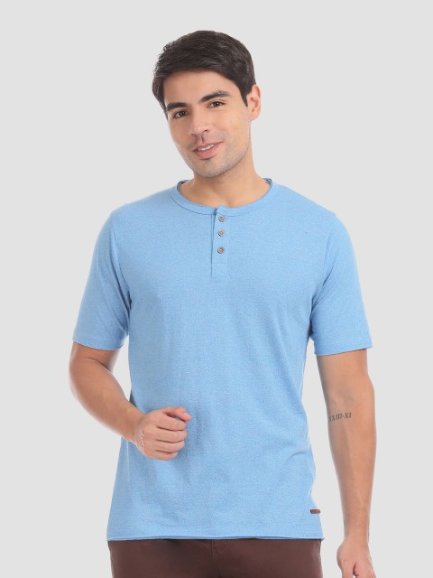 

Cherokee Men Blue Solid Henley Neck Slim Fit Cotton T-shirt
