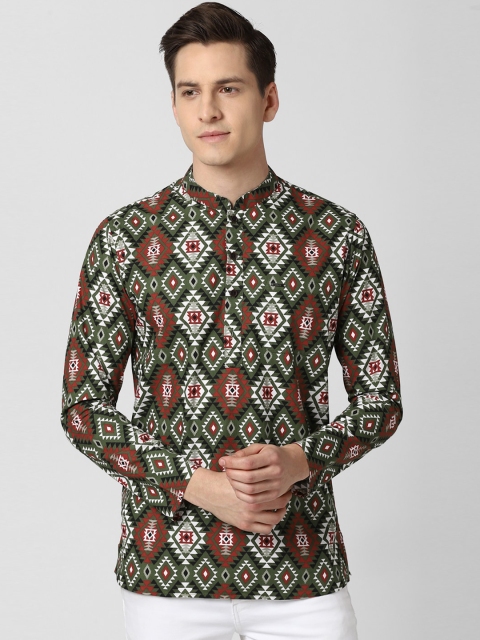 

Peter England Men Olive Green Geometric Printed Kurta