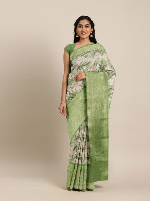 

The Chennai Silks Off White & Green Floral Bhagalpuri Saree