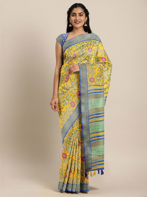

The Chennai Silks Yellow & Gold-Toned Floral Zari Fusion Bhagalpuri Saree
