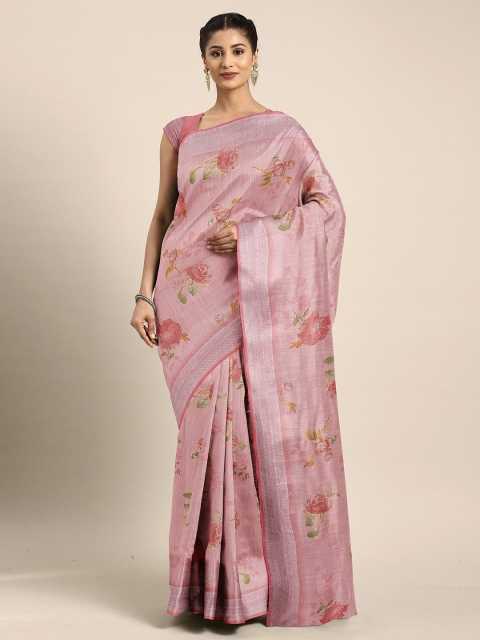 

The Chennai Silks Pink & Green Floral Zari Bhagalpuri Saree