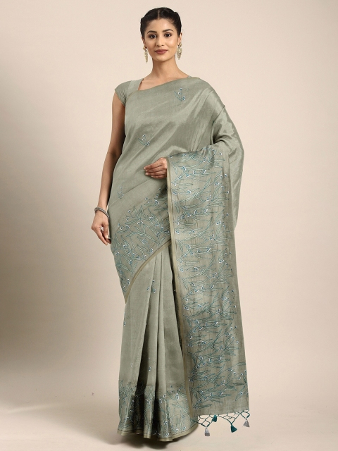 

The Chennai Silks Green & Blue Floral Embroidered Jute Cotton Saree