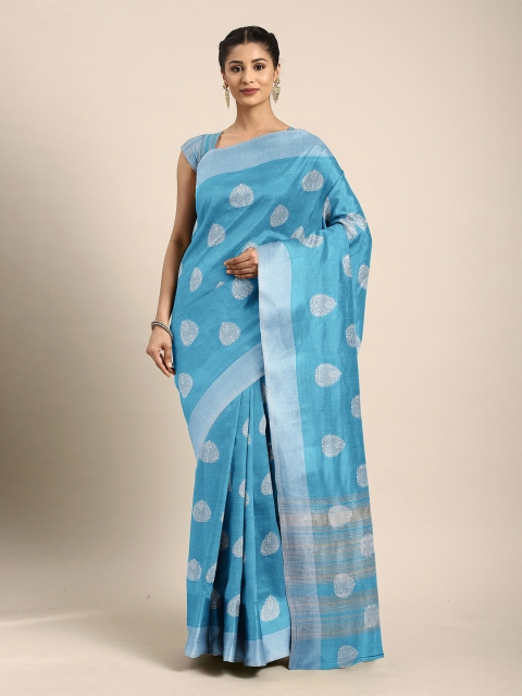

The Chennai Silks Blue & Silver-Toned Floral Zari Jute Cotton Saree