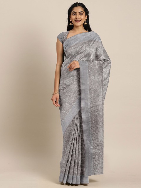 

The Chennai Silks Grey & Silver-Toned Floral Zari Bhagalpuri Saree