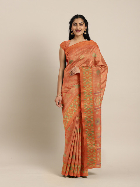 

The Chennai Silks Orange & Green Floral Bhagalpuri Saree
