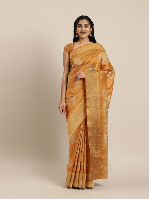 

The Chennai Silks Mustard & Green Floral Bhagalpuri Saree