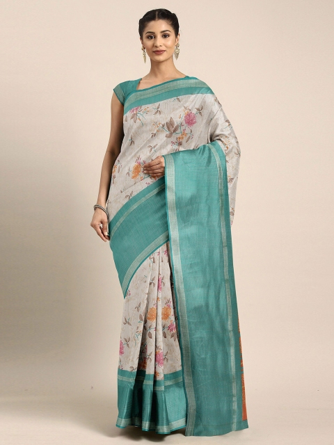 

The Chennai Silks Off White & Blue Floral Bhagalpuri Saree