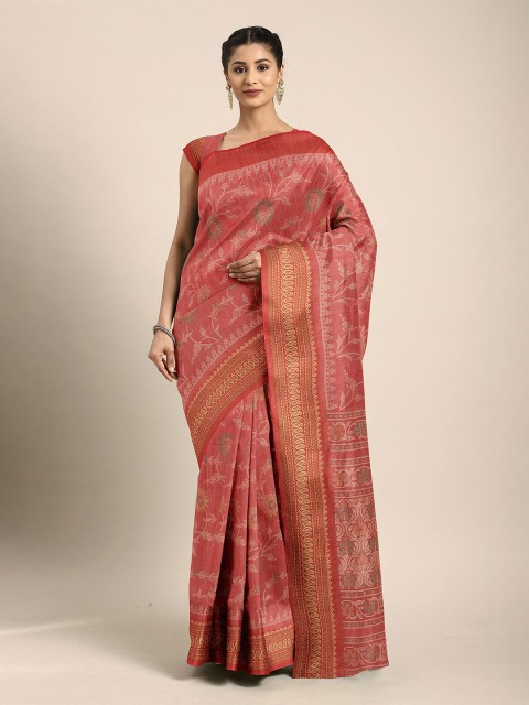 

The Chennai Silks Red & Gold-Toned Floral Fusion Bhagalpuri Saree