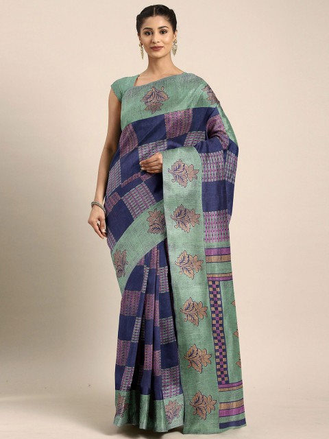 

The Chennai Silks Navy Blue & Brown Floral Bhagalpuri Saree