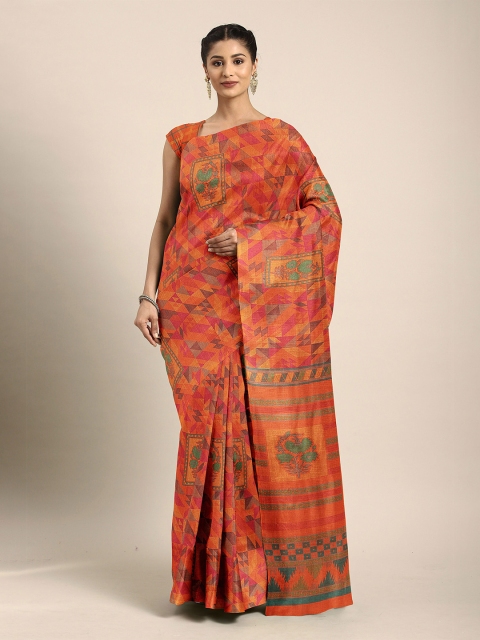

The Chennai Silks Orange & Green Geometric Printed Bhagalpuri Saree