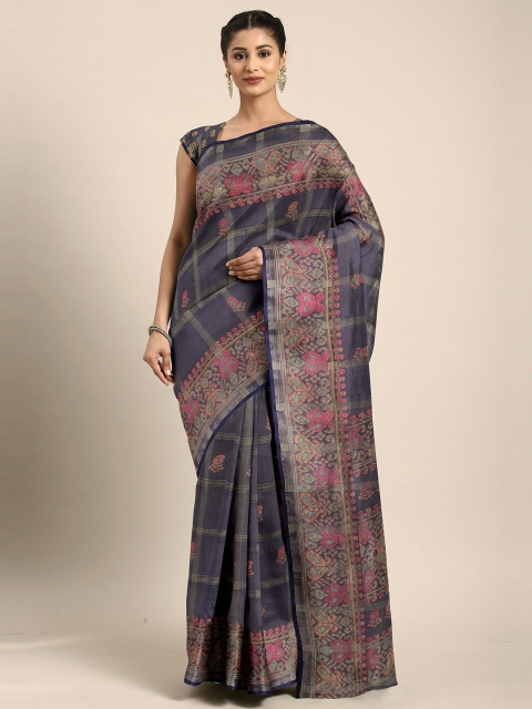The Chennai Silks Navy Blue & Gold-Toned Floral Bhagalpuri Saree