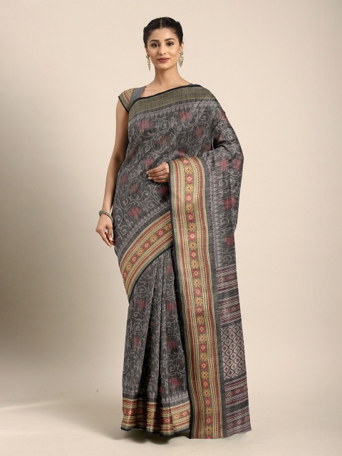 

The Chennai Silks Black & Silver-Toned Floral Bhagalpuri Saree