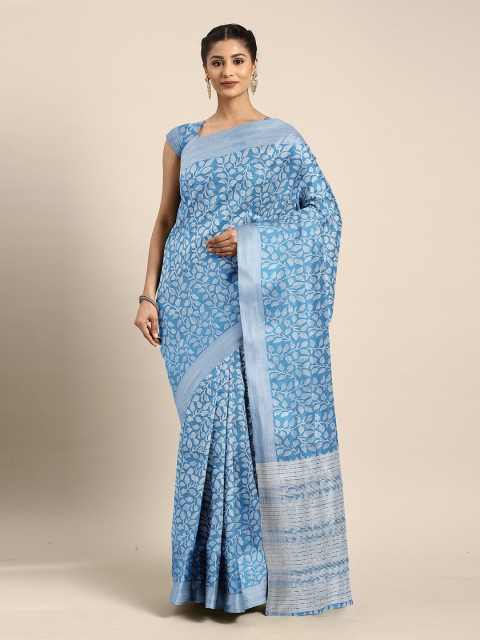

The Chennai Silks Turquoise Blue & Silver-Toned Floral Zari Jute Cotton Fusion Saree