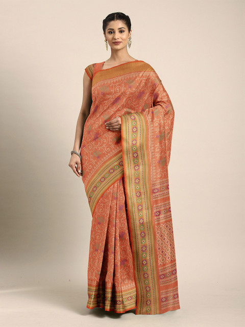 

The Chennai Silks Orange & Pink Floral Bhagalpuri Saree