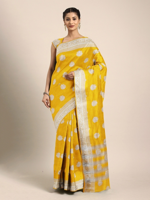 

The Chennai Silks Yellow & Silver-Toned Floral Zari Jute Cotton Saree