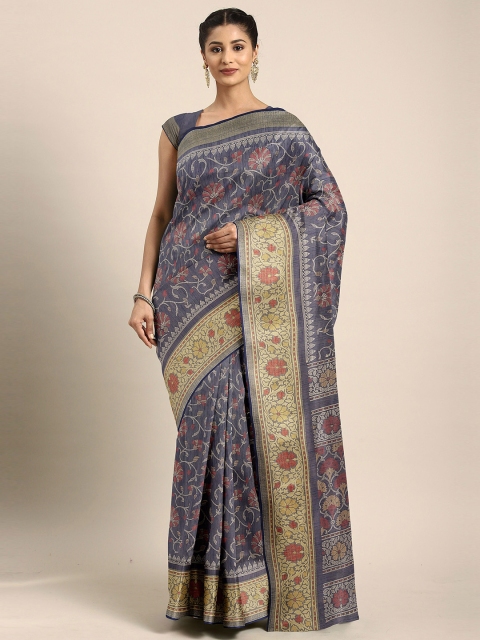 

The Chennai Silks Navy Blue & Red Floral Zari Bhagalpuri Saree