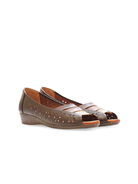 

FOOTONS Women Brown Perforations Leather Flatforms
