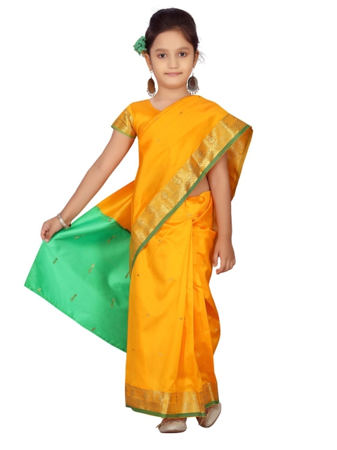 Aarika Girls Yellow & Green Ethnic Motifs Zari Art Silk Kanjeevaram Saree