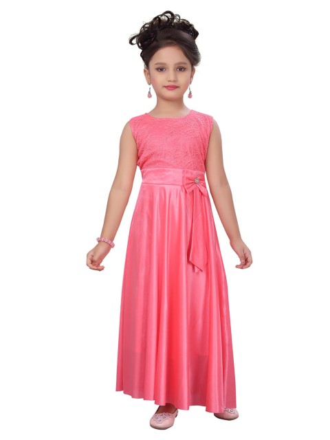 

Aarika Girls Pink Self Design Silk Gown