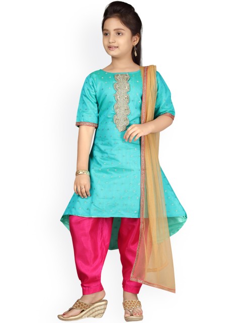 

Aarika Girls Sea Green Embroidered Silk Kurta with Salwar & With Dupatta