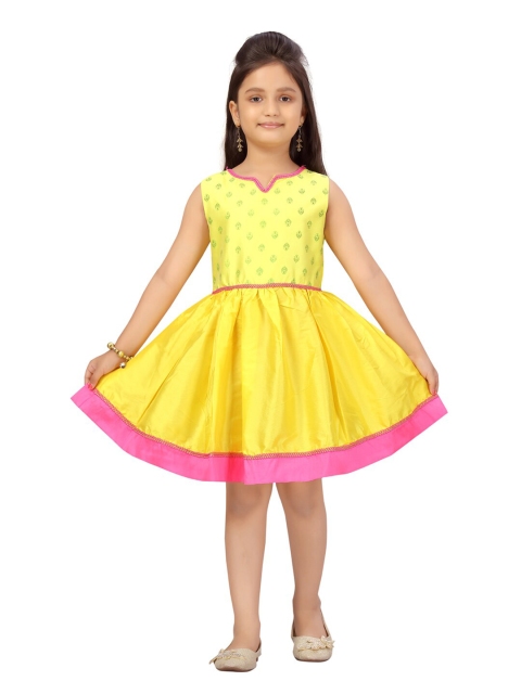 

Aarika Girls Yellow & Pink Ethnic Motifs Printed Silk Fit & Flare Dress