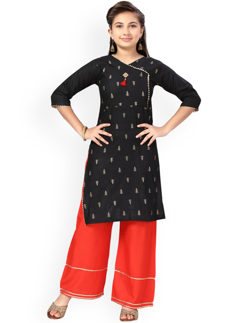 

Aarika Girls Black & Red Printed Angrakha Pure Cotton Kurta with Palazzos