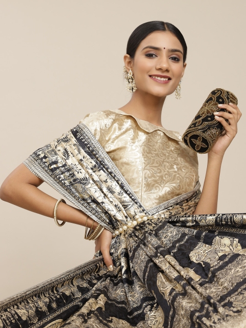 

Mitera Black & Beige Ethnic Motifs Satin Block Print Saree