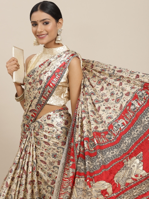 

Mitera Red & Beige Ethnic Motifs Satin Block Print Saree