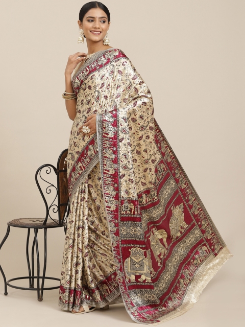 

Mitera Magenta & Beige Ethnic Motifs Satin Block Print Saree