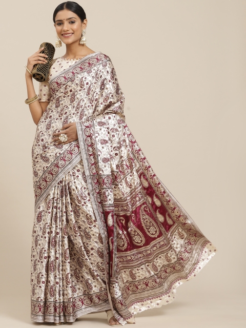 

Mitera Maroon & Cream-Coloured Ethnic Motifs Satin Block Print Saree