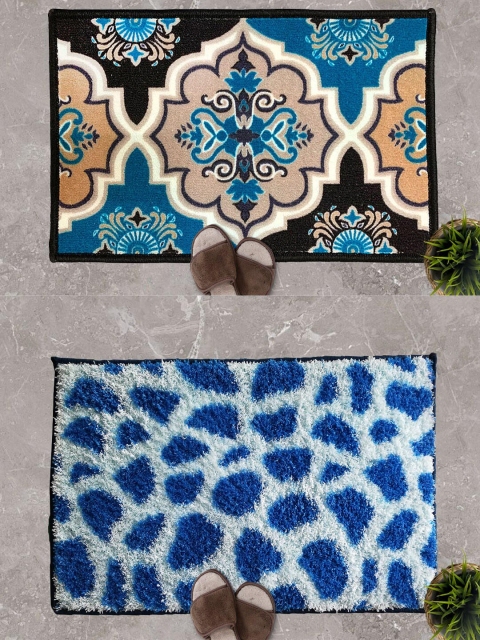 

Athom Trendz Set Of 2 Printed Anti-Skid Doormats, Blue
