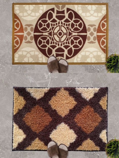 

Athom Trendz Set Of 2 Printed Anti-Skid Doormats, Cream