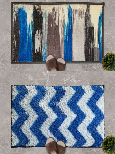 

Athom Trendz Set Of 2 Printed Anti-Skid Doormats, Blue
