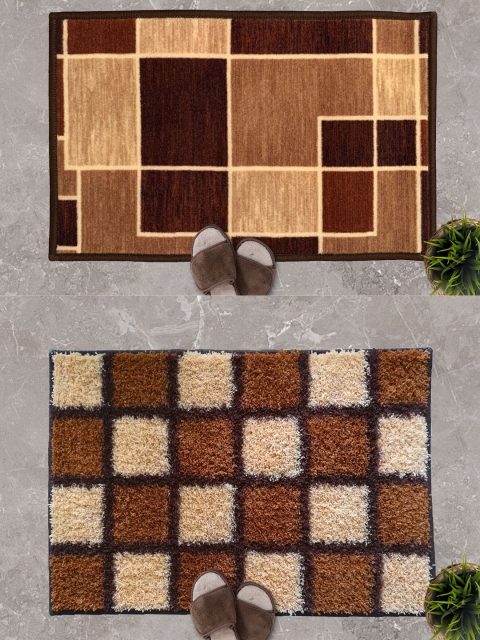 

Athom Trendz Set Of 2 Checked Anti-Skid Doormats, Brown