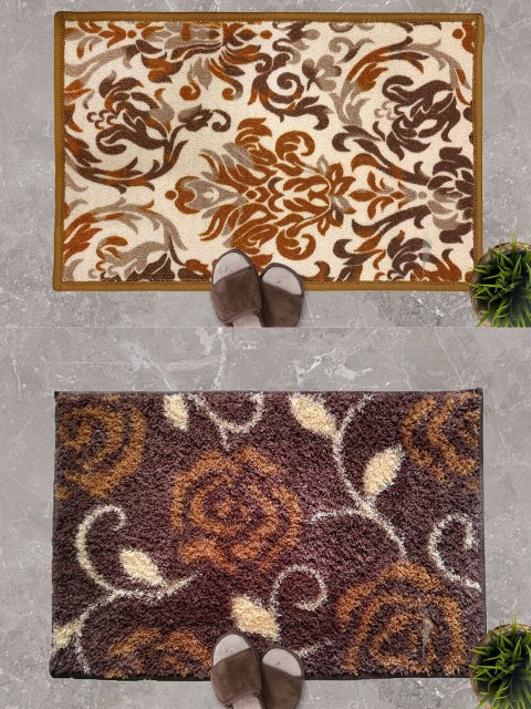 

Athom Trendz Set Of 2 Printed Anti-Skid Doormats, Cream