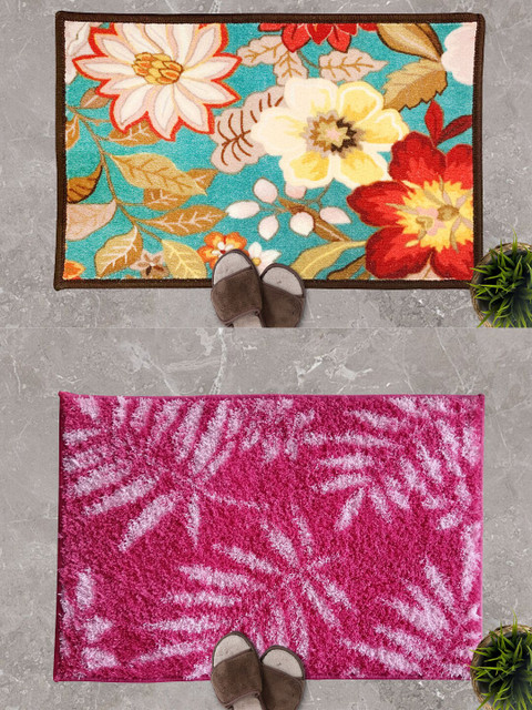 

Athom Trendz Set of 2 Leaf & Floral Love Designer Anti Skid Doormats, Pink