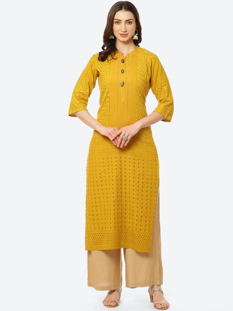

Kurti's by Menka Women Mustard Yellow Schiffli Kurta