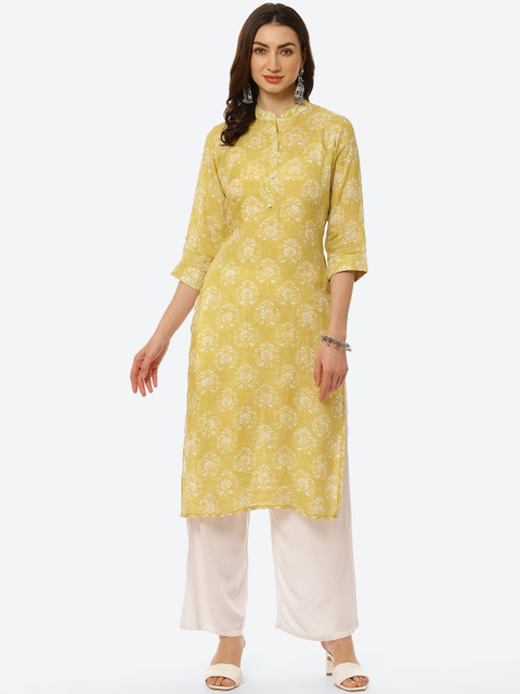

Kurti's by Menka Women Yellow Ethnic Motifs Printed Straight Linen Kurta