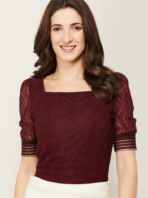 

CODE by Lifestyle Maroon Square Neck Self Design Top