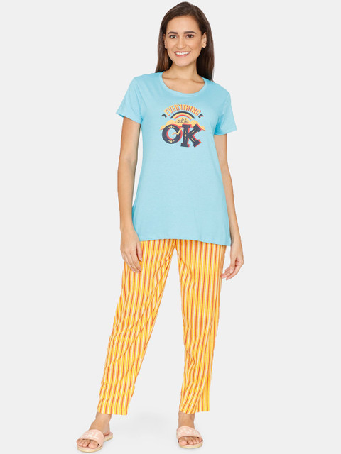 

Coucou by Zivame Women Blue & Yellow Graphic Printed Pure Cotton Night Suits