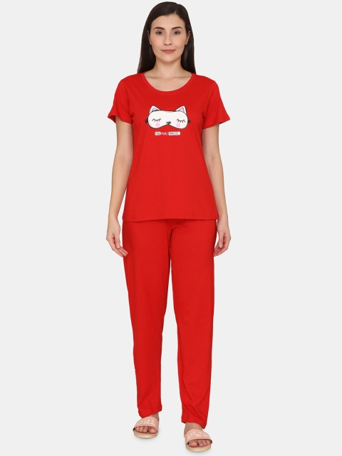 

Coucou by Zivame Women Red Printed Pure Cotton Night Suit