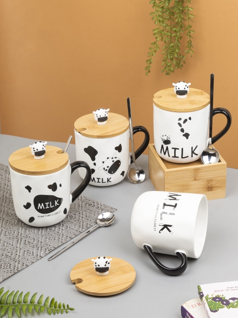 

MARKET99 White & Black Printed Ceramic Glossy Mugs With Lid & Spoon