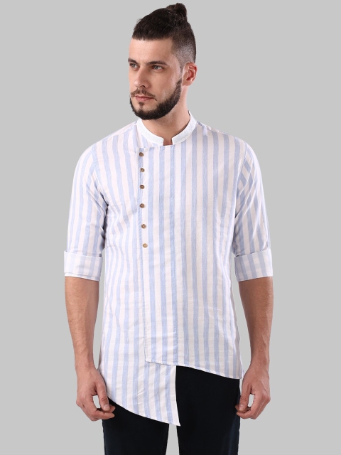 

Ethnix by Raymond Men Blue & Off-White Striped Asymmetric Cotton Angrakha Kurta