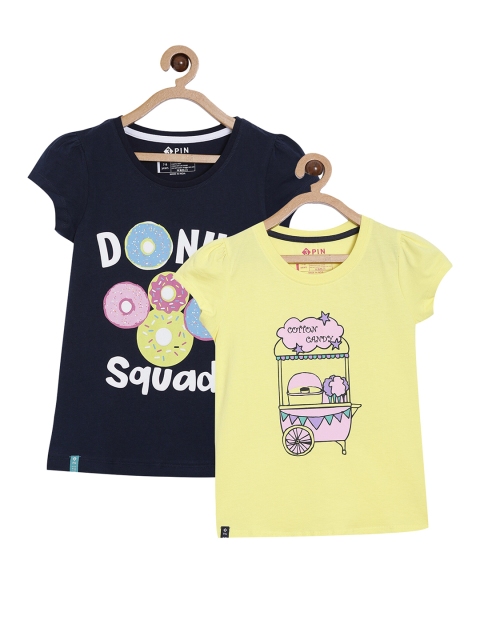 

3PIN Girls Pack of 2 Typography Printed Cotton T-shirts, Navy blue