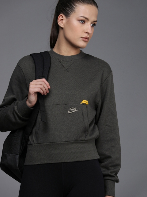 

Nike Women Charcoal Grey Brand Logo Embroidered Fleece Sweatshirt
