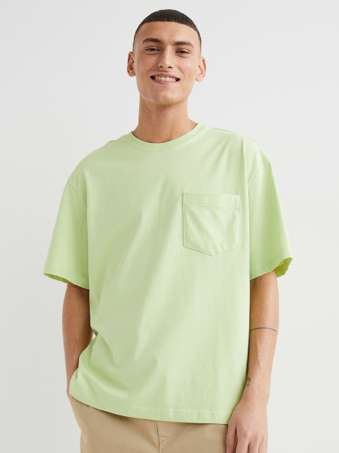 

H&M Men Lime Green Cotton Relaxed Fit Pocket-detail T-shirt