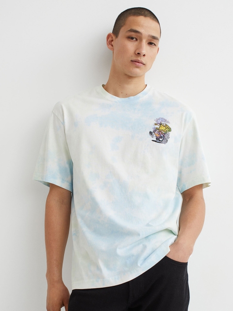 

H&M Men White Solid Relaxed Fit Printed T-shirt, Blue