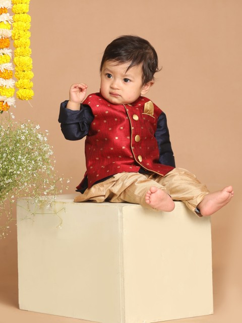 

VASTRAMAY SISHU Boys Navy Blue Kurta with Dhoti Pants & Nehru Jacket